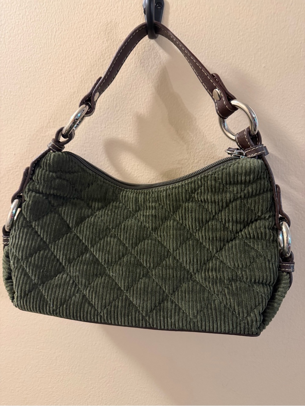 Tommy Hilfiger Quilted Corduroy Shoulder Bag in Dark Green with Brown Trim